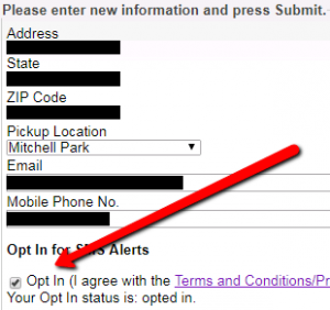 screenshot of the opt-in option for sms alerts